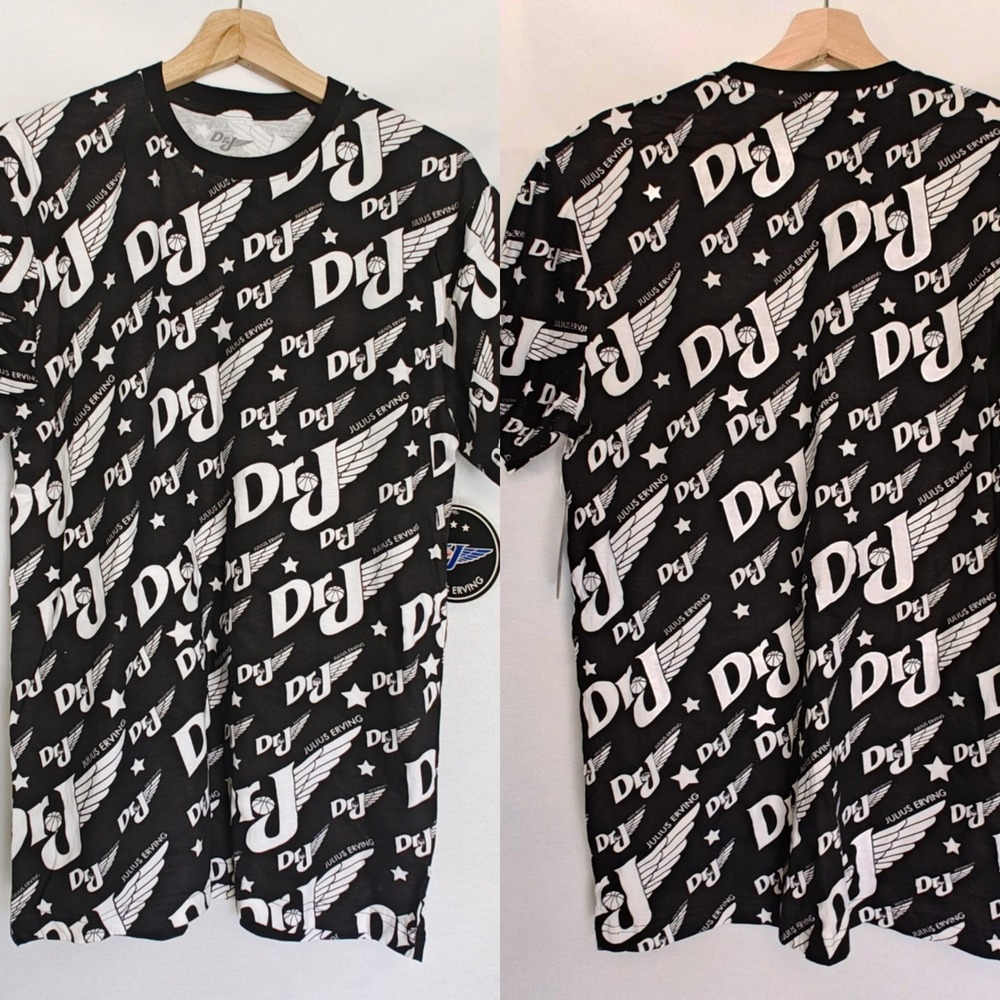 Julius Erving‎ Dr J All Over Print T Shirt Black White Basketball Graphic Tee L